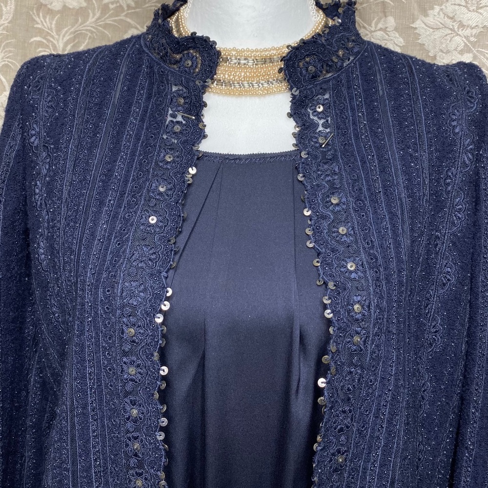 OSCAR DE LA RENTA Navy Blue Sequined Open Front Midi Lace Coat Cocktail Jacket